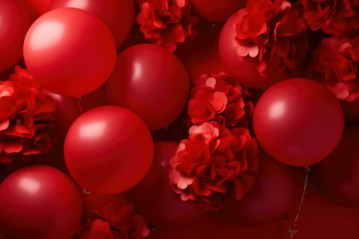 AI generated happy chinese new year with red balloons and flowers on a background with red background, photo