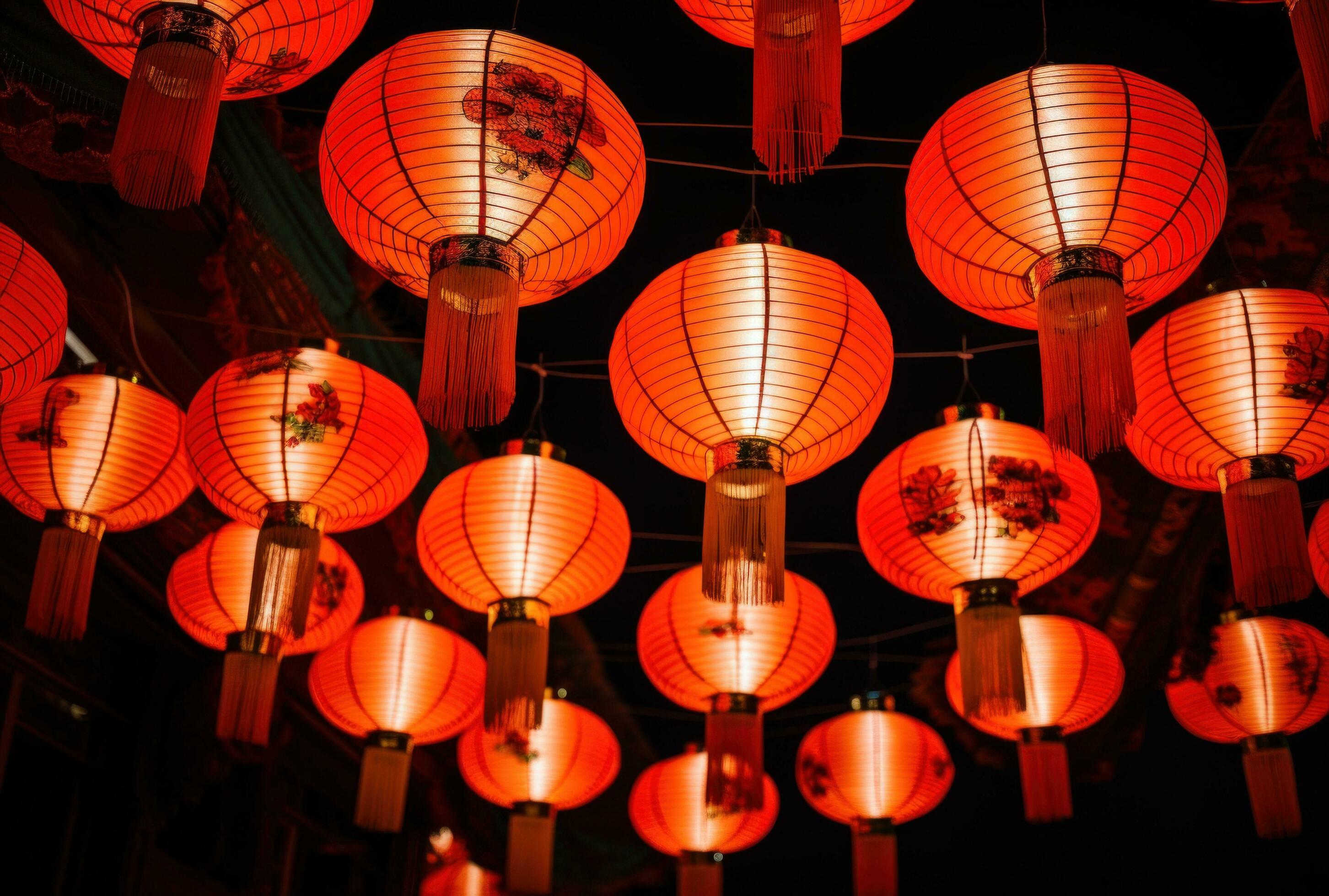 AI generated many multicolored paper lanterns hanging in the air