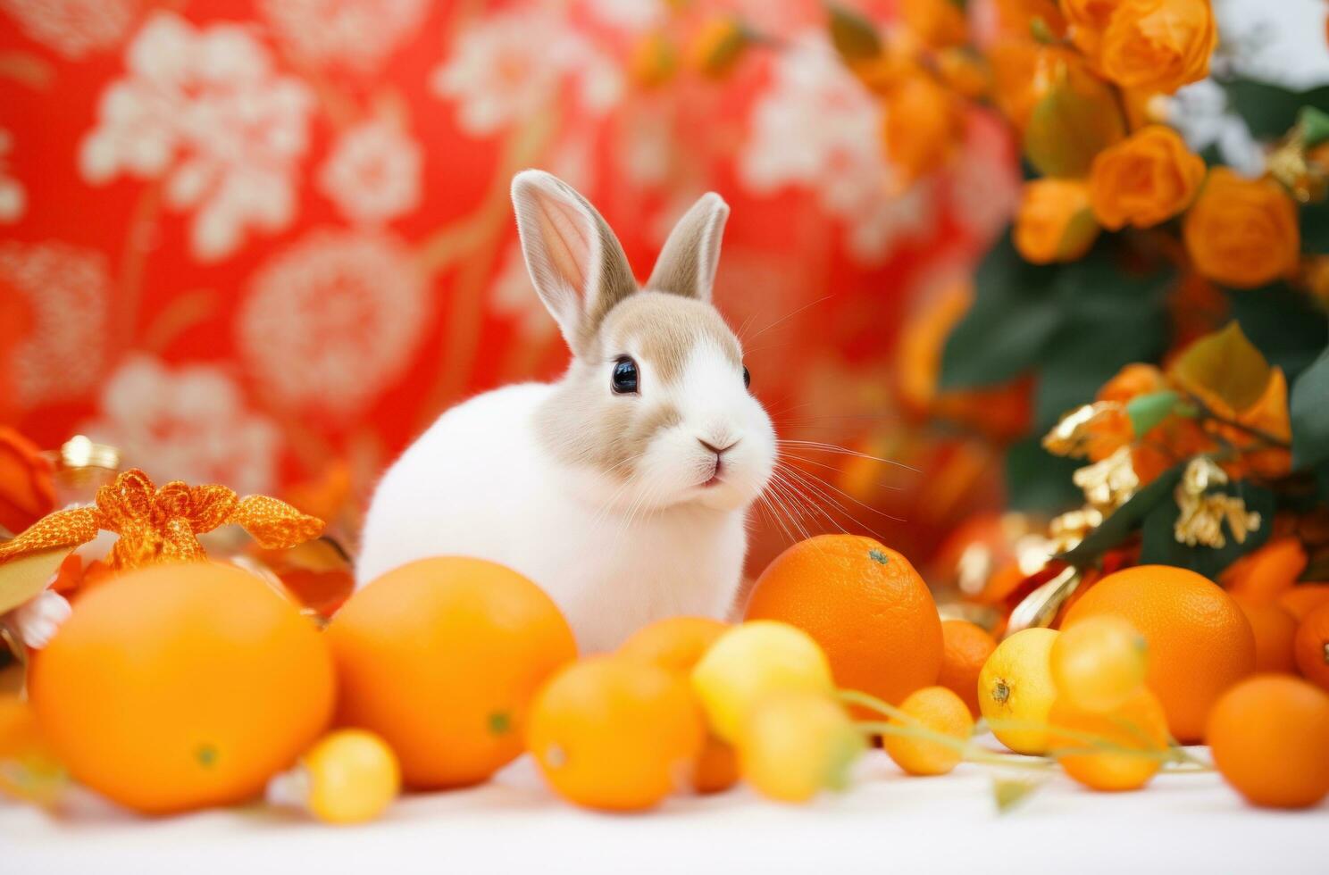 AI generated one rabbit and orange on a flowery background. photo