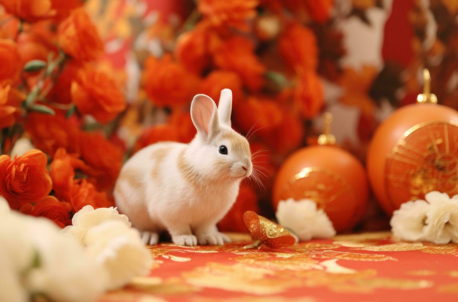 AI generated one rabbit and orange on a flowery background. photo