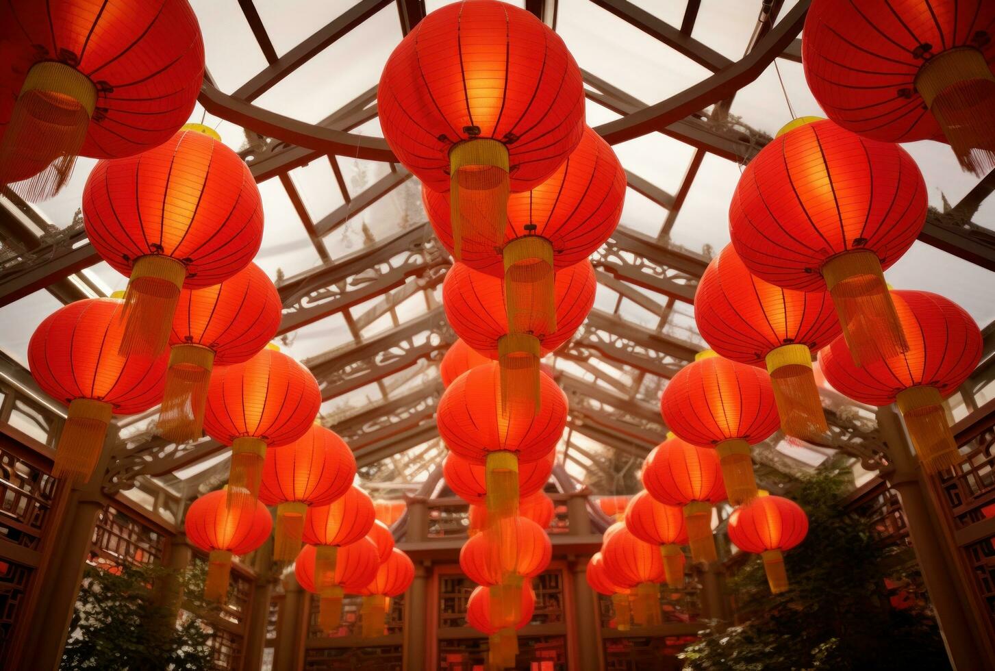 AI generated many multicolored paper lanterns hanging in the air, photo