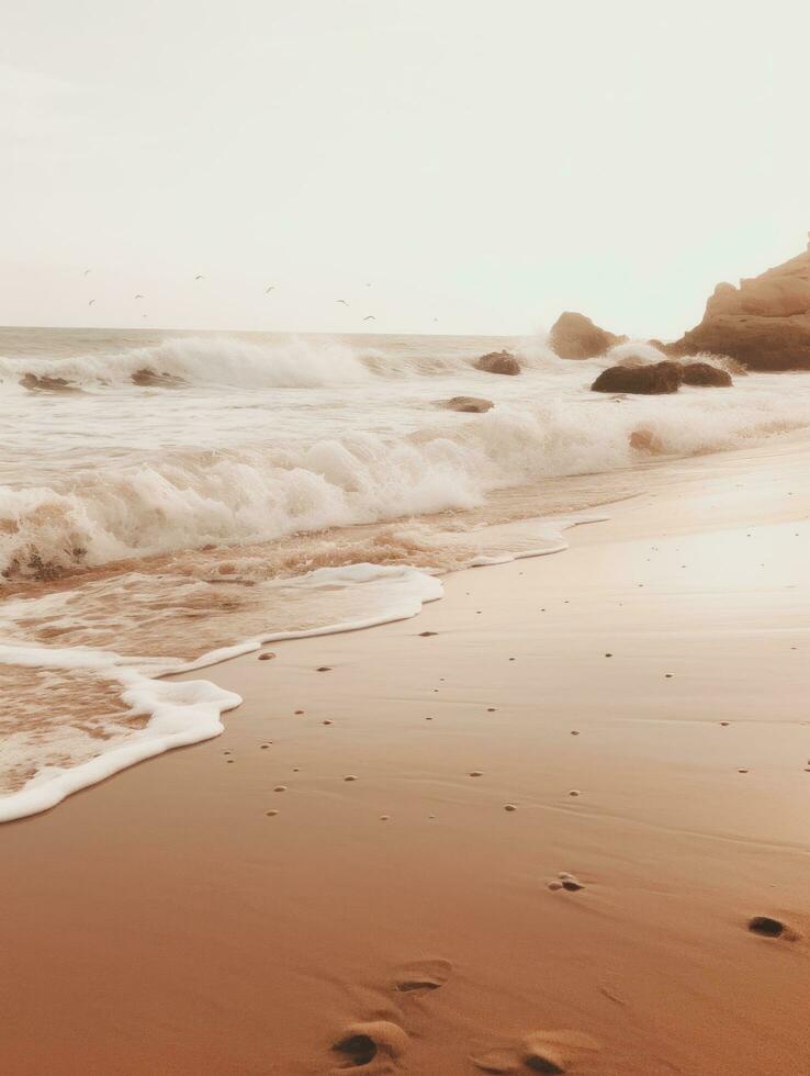 ai generado Oceano olas en el playa con algunos rocas foto