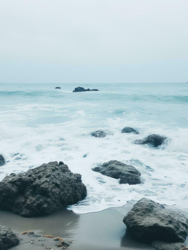 ai generado Oceano olas en el playa con algunos rocas foto