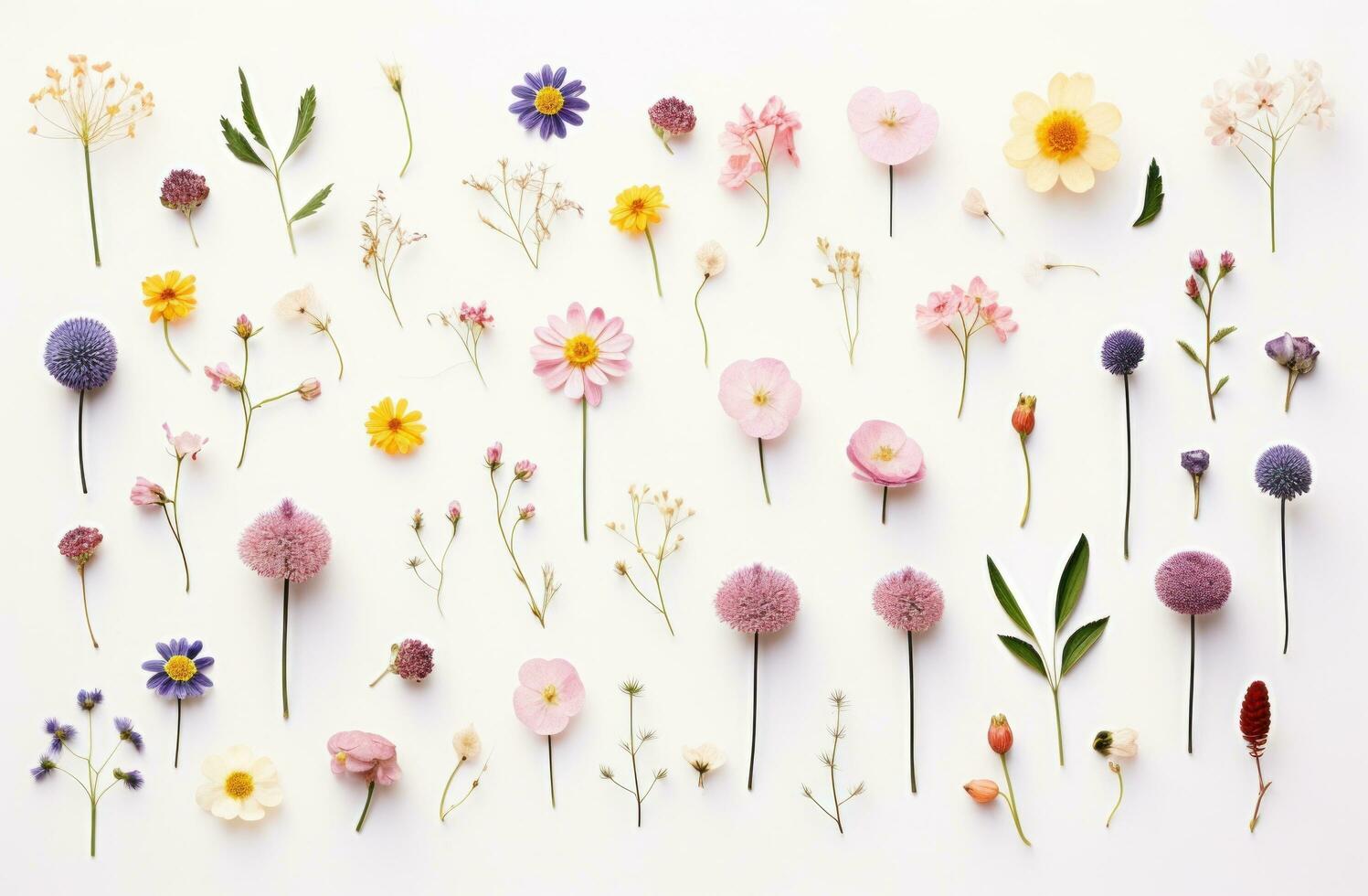 AI generated flowers are arranged on top of a white background photo