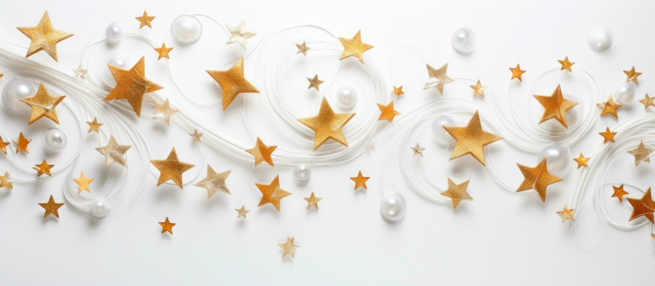 AI generated golden stars and swirls arranged on a white photo