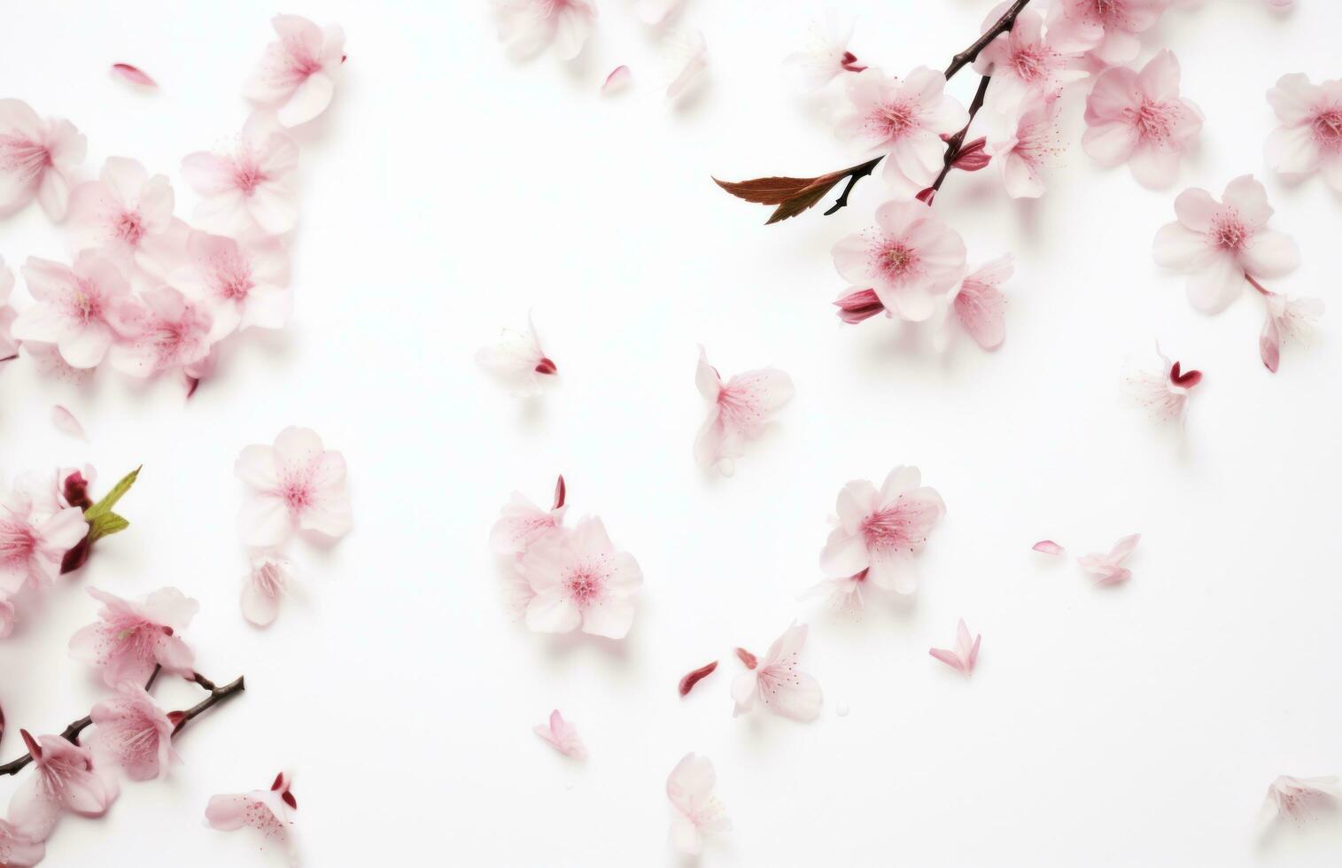 ai generado rosado flores con hojas que cae apagado en blanco antecedentes con primavera floreciente foto