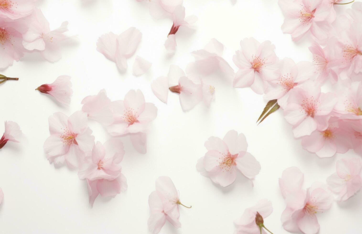 ai generado rosado flores con hojas que cae apagado en blanco antecedentes con primavera floreciente foto