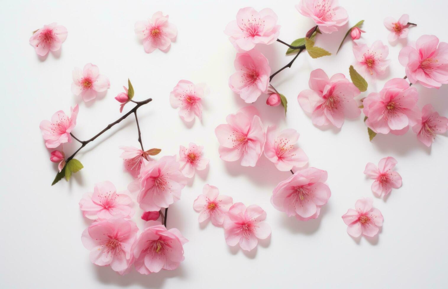 ai generado rosado flores con hojas que cae apagado en blanco antecedentes con primavera floreciente foto