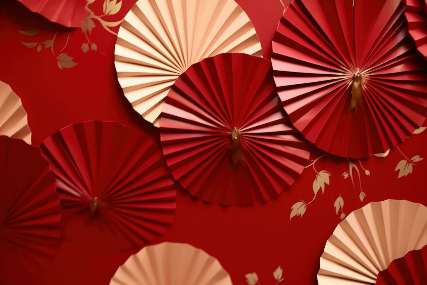 AI generated paper fans with leaves on red background photo