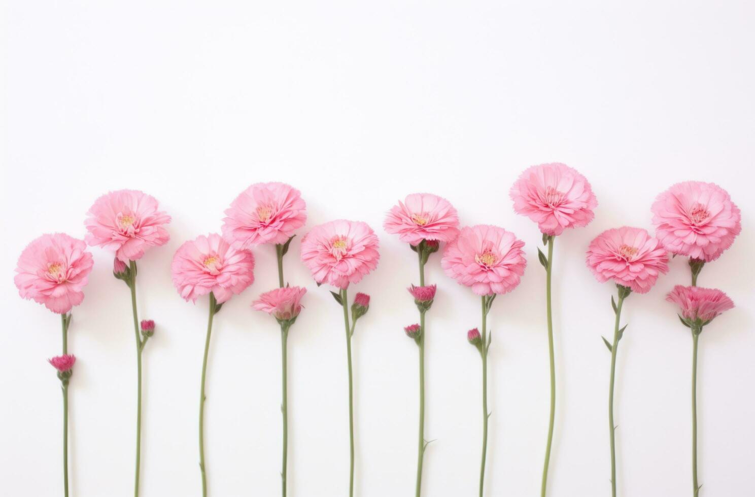 AI generated pink flowers arranged in a row on a white background, photo