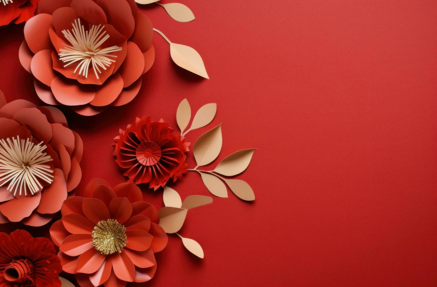 AI generated paper fans with leaves on red background photo
