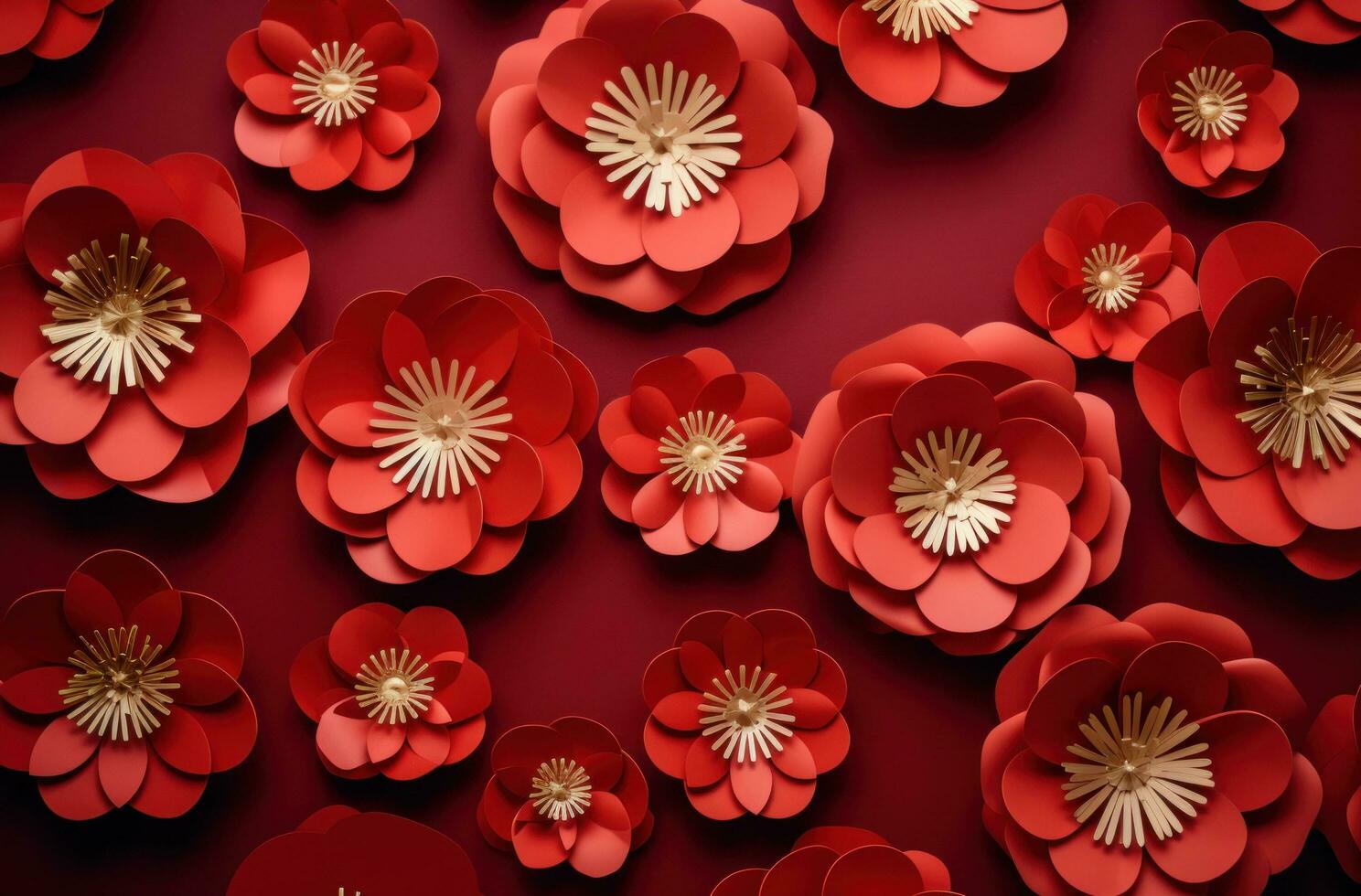 AI generated paper fans with leaves on red background photo