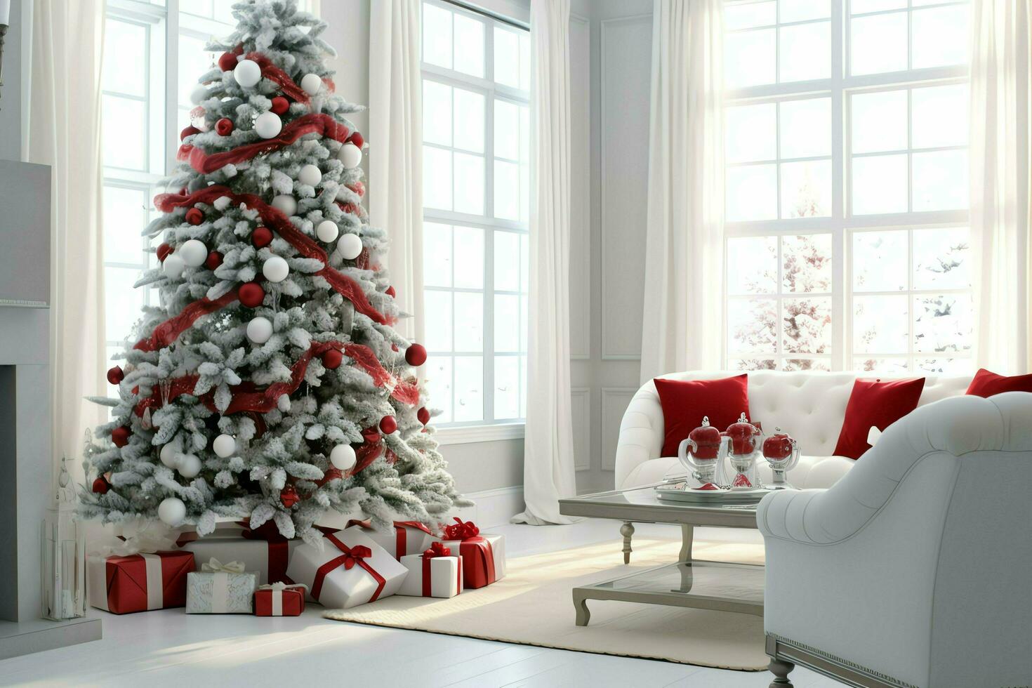 Cosy living room with beautiful christmas tree and red gifts in modern interior. Interior of living room decorated for merry christmas with socks, gift boxes and christmas accessories by AI Generated photo