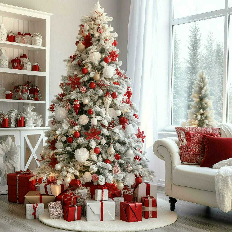 acogedor vivo habitación con hermosa Navidad árbol y rojo regalos en moderno interior. interior de vivo habitación decorado para alegre Navidad con medias, regalo cajas y Navidad accesorios por ai generado foto