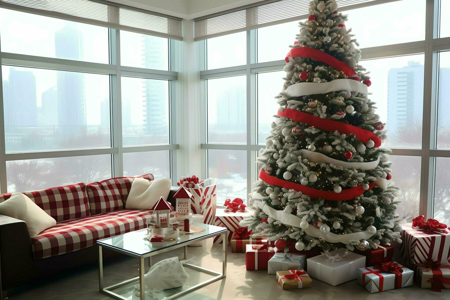 Cosy living room with beautiful christmas tree and red gifts in modern interior. Interior of living room decorated for merry christmas with socks, gift boxes and christmas accessories by AI Generated photo