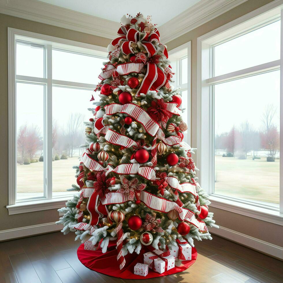 Cosy living room with beautiful christmas tree and red gifts in modern interior. Interior of living room decorated for merry christmas with socks, gift boxes and christmas accessories by AI Generated photo