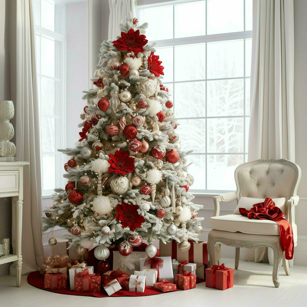 Cosy living room with beautiful christmas tree and red gifts in modern interior. Interior of living room decorated for merry christmas with socks, gift boxes and christmas accessories by AI Generated photo