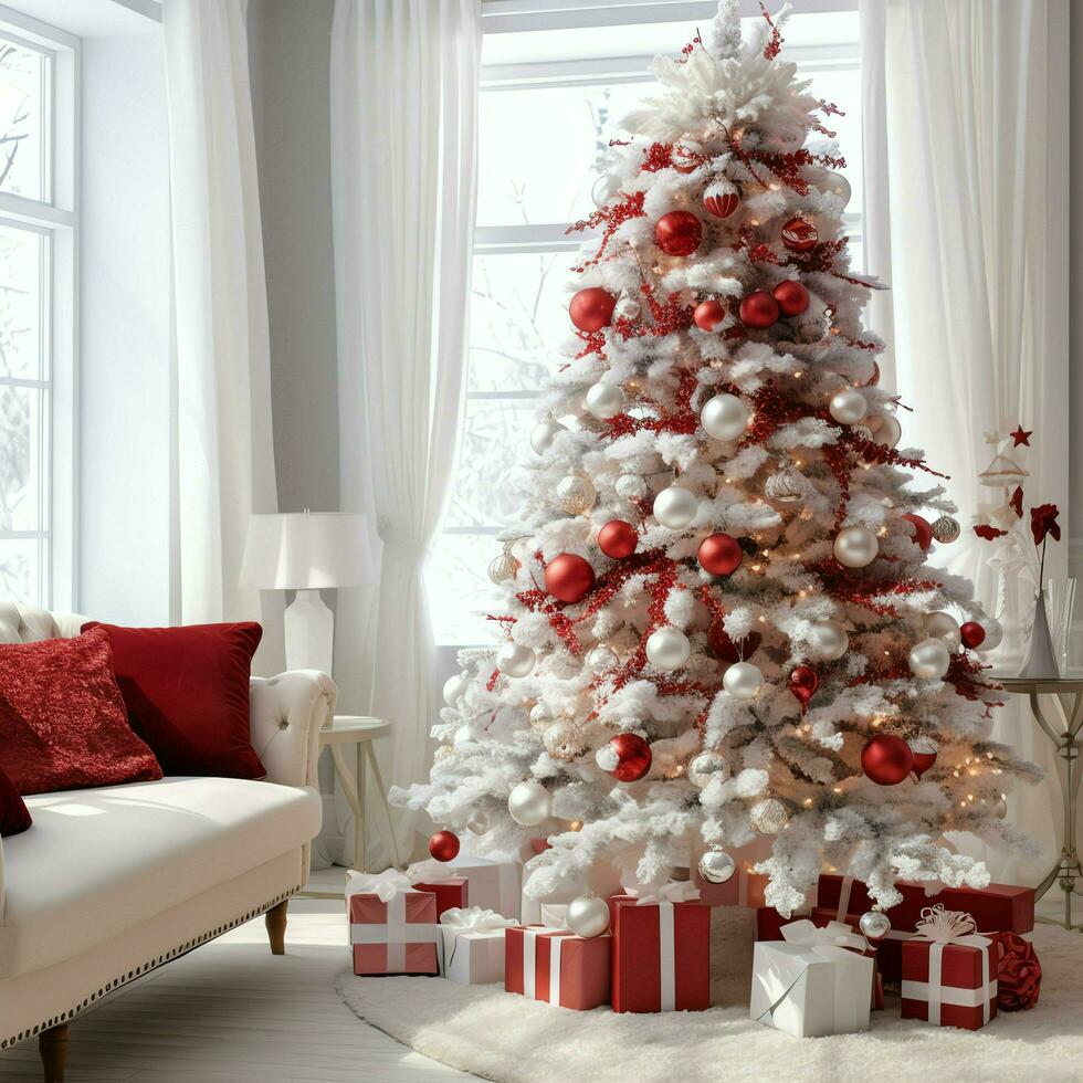 Cosy living room with beautiful christmas tree and red gifts in modern interior. Interior of living room decorated for merry christmas with socks, gift boxes and christmas accessories by AI Generated photo