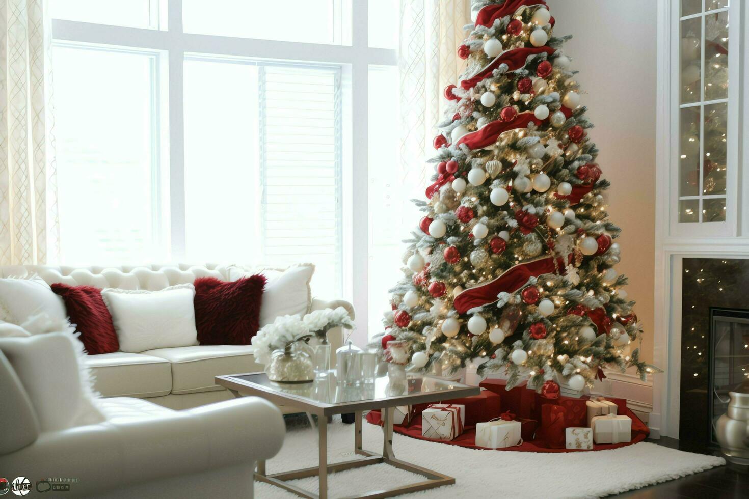 Cosy living room with beautiful christmas tree and red gifts in modern interior. Interior of living room decorated for merry christmas with socks, gift boxes and christmas accessories by AI Generated photo