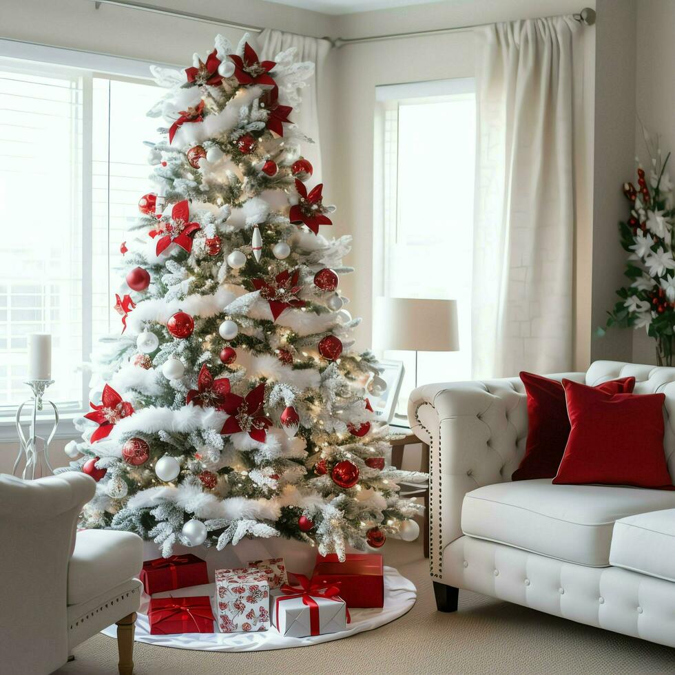 Cosy living room with beautiful christmas tree and red gifts in modern interior. Interior of living room decorated for merry christmas with socks, gift boxes and christmas accessories by AI Generated photo