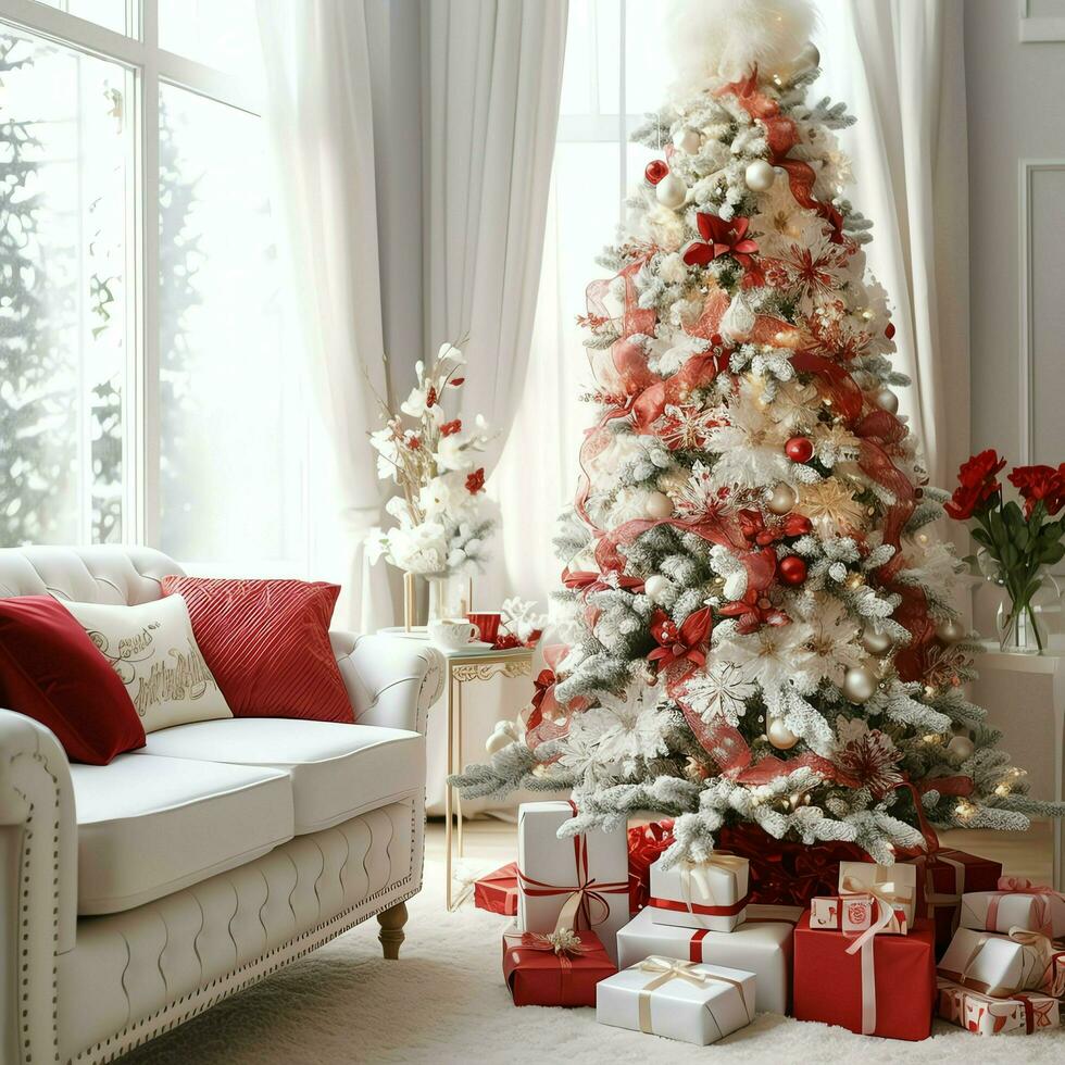 acogedor vivo habitación con hermosa Navidad árbol y rojo regalos en moderno interior. interior de vivo habitación decorado para alegre Navidad con medias, regalo cajas y Navidad accesorios por ai generado foto