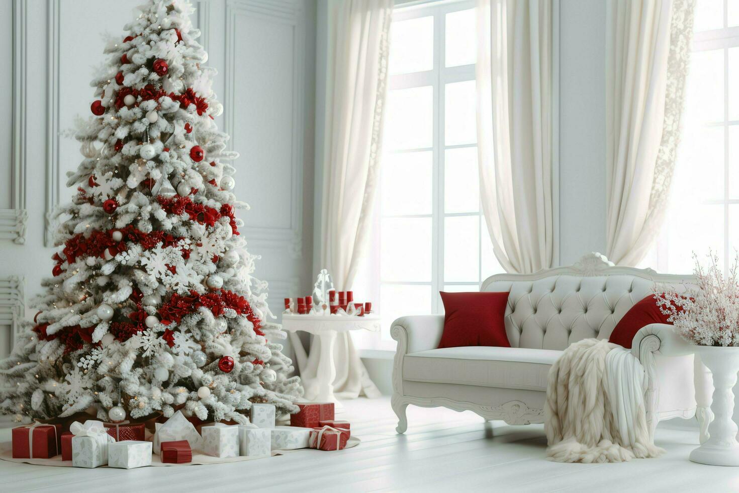 Cosy living room with beautiful christmas tree and red gifts in modern interior. Interior of living room decorated for merry christmas with socks, gift boxes and christmas accessories by AI Generated photo