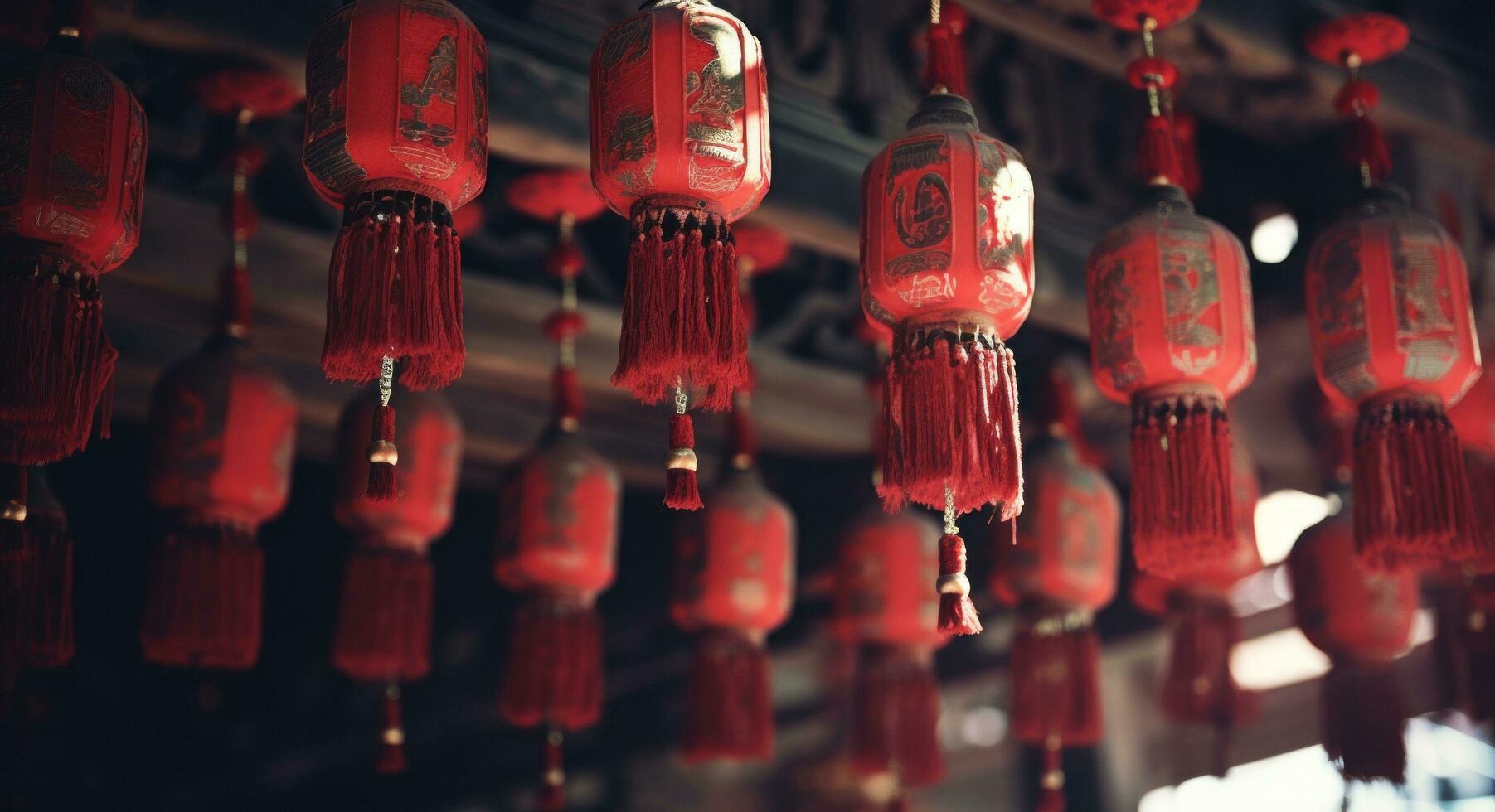 ai generado rojo linternas colgando desde un de madera borla, foto