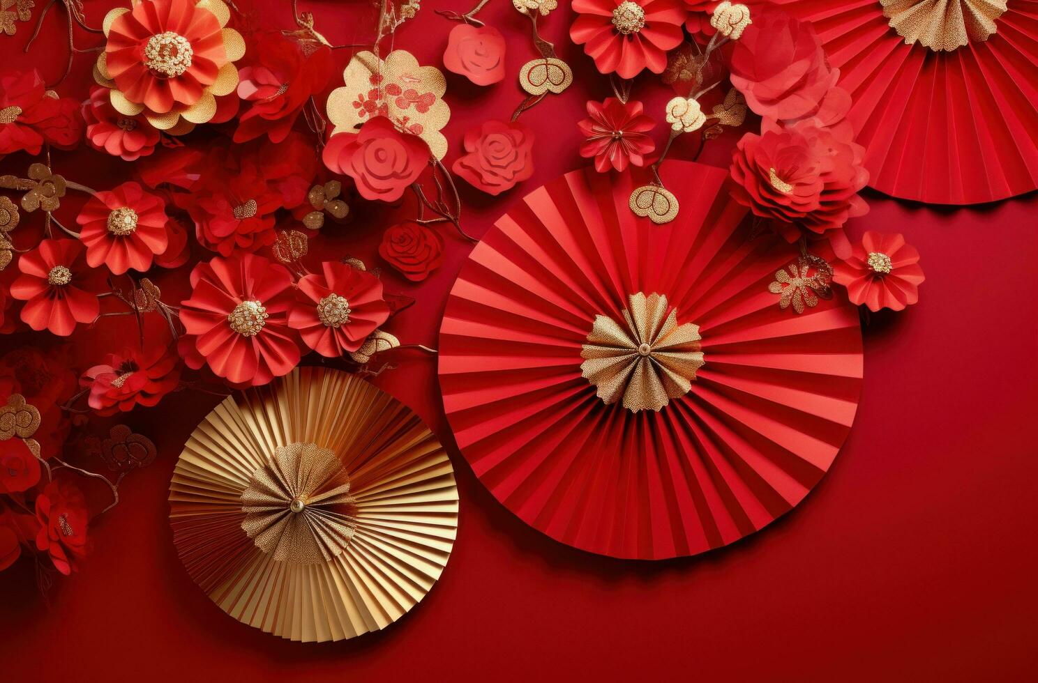 AI generated red and gold paper decorations placed against a red background photo