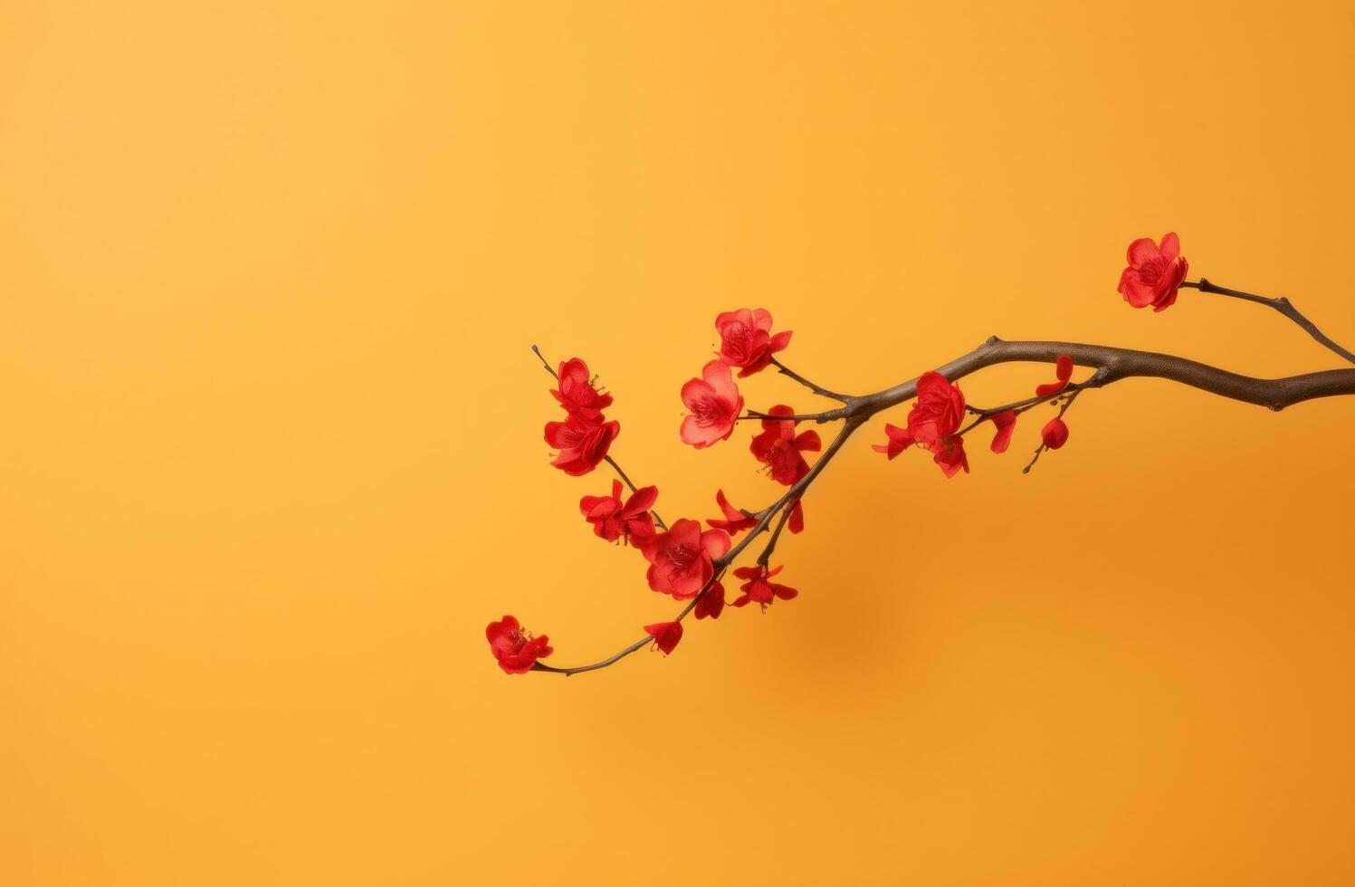AI generated red blossom with branch isolated on yellow background photo