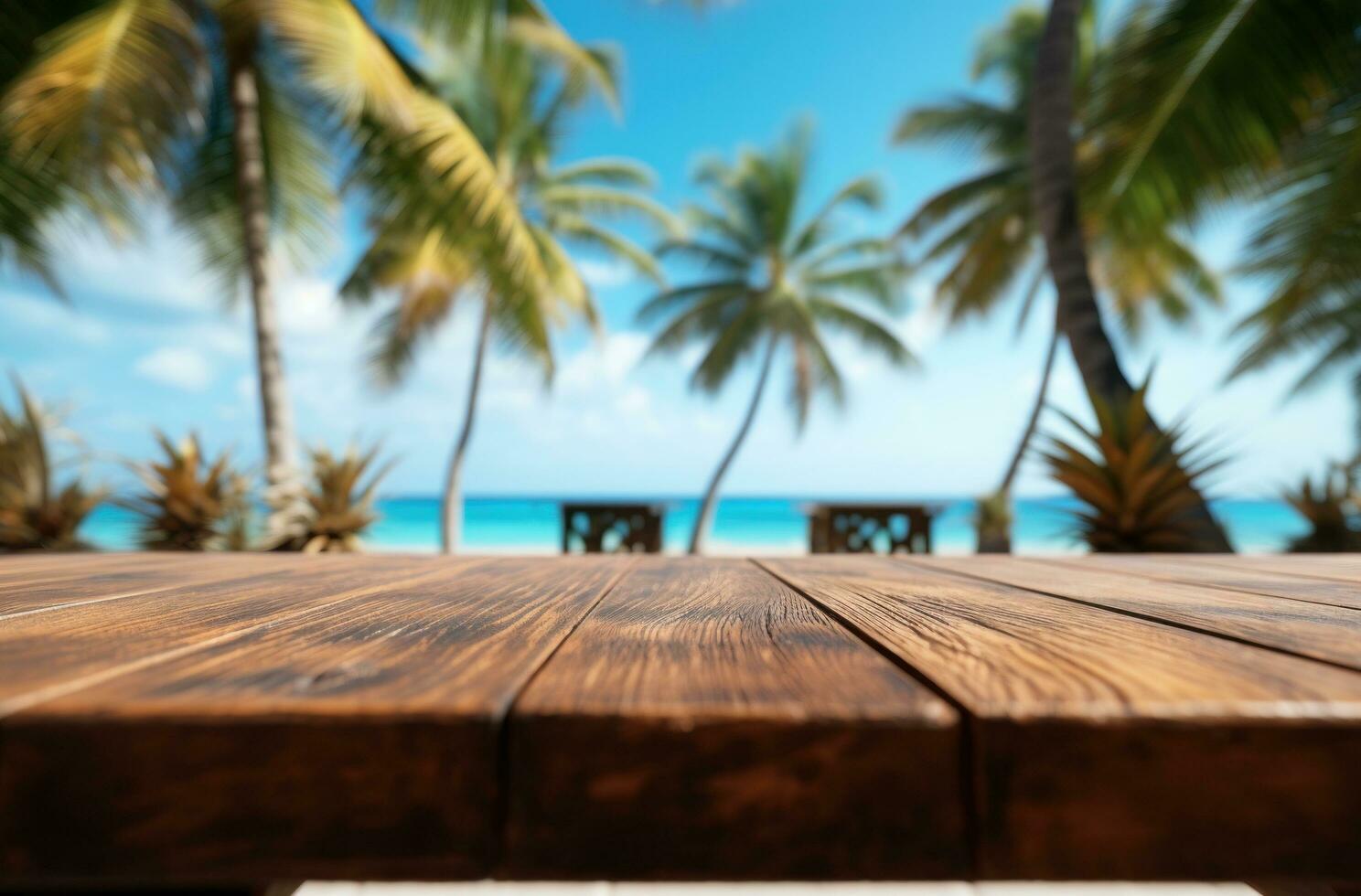 AI generated a wooden table with palm trees in the background photo