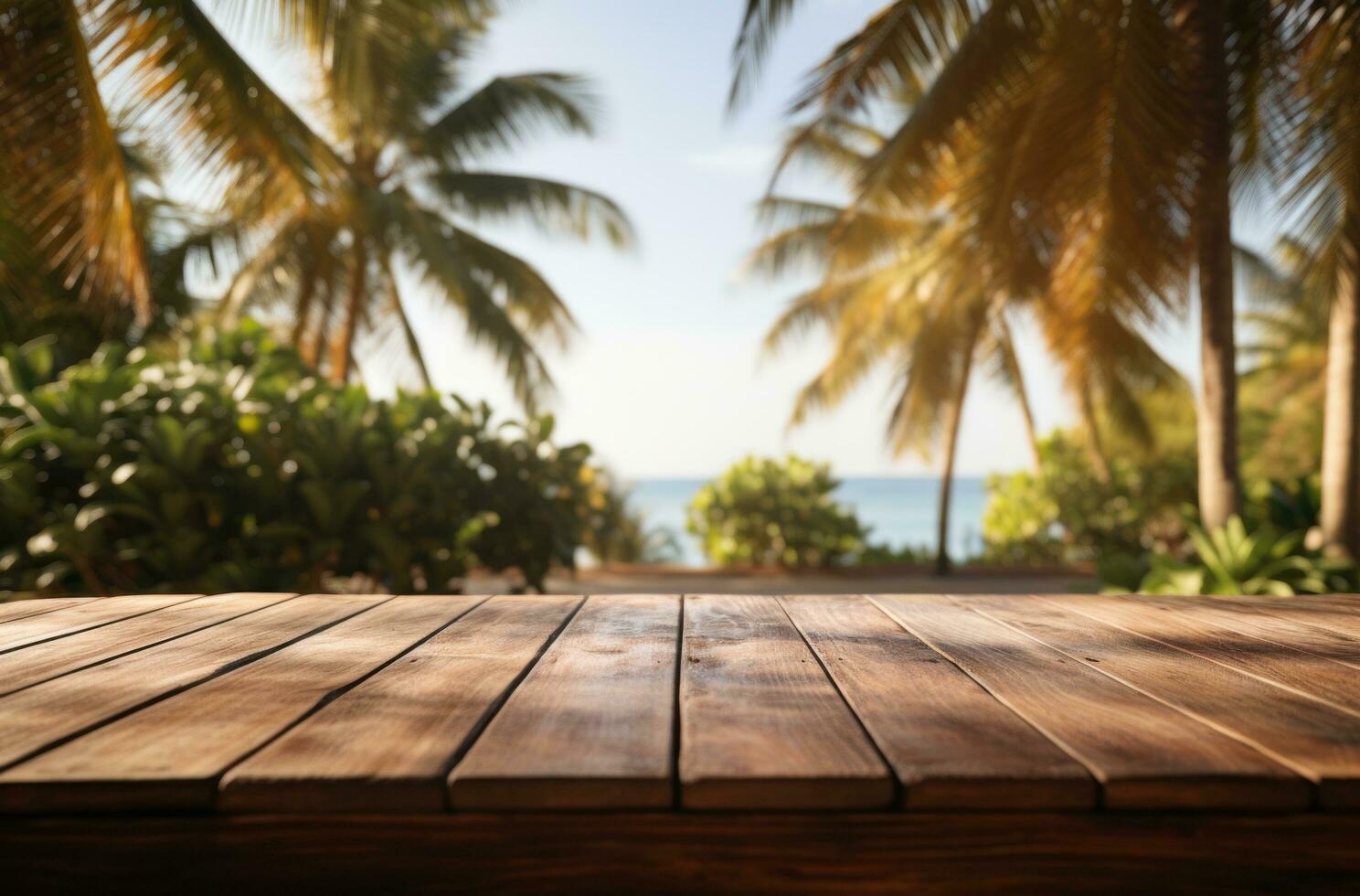 AI generated a wooden table with palm trees in the background photo