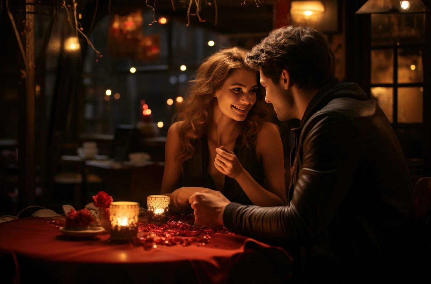AI generated a young couple is sitting at a table propose photo