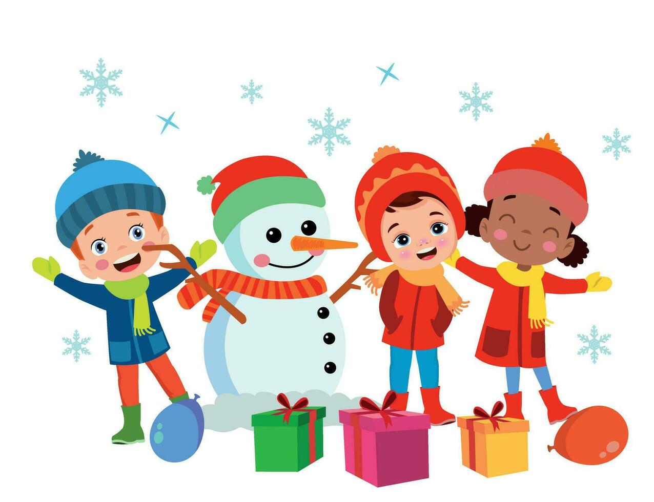 alegre Navidad y contento niños nuevo año saludo tarjeta con linda Papa Noel claus pequeño monigote de nieve con regalos. vector