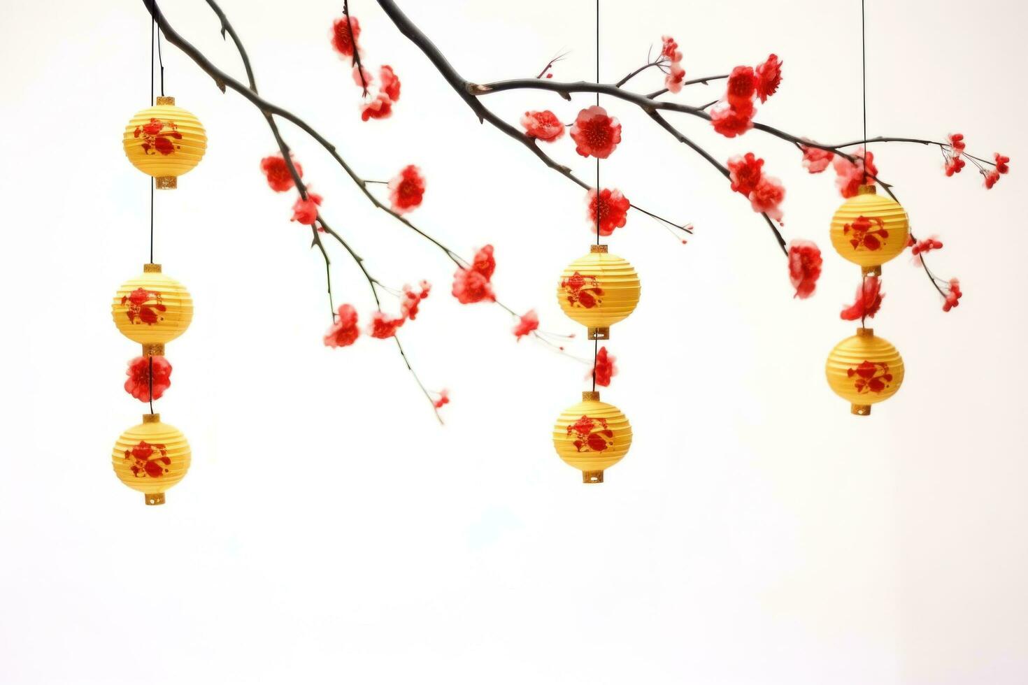 AI generated red lanterns hanging from the branch of a flowering cherry photo