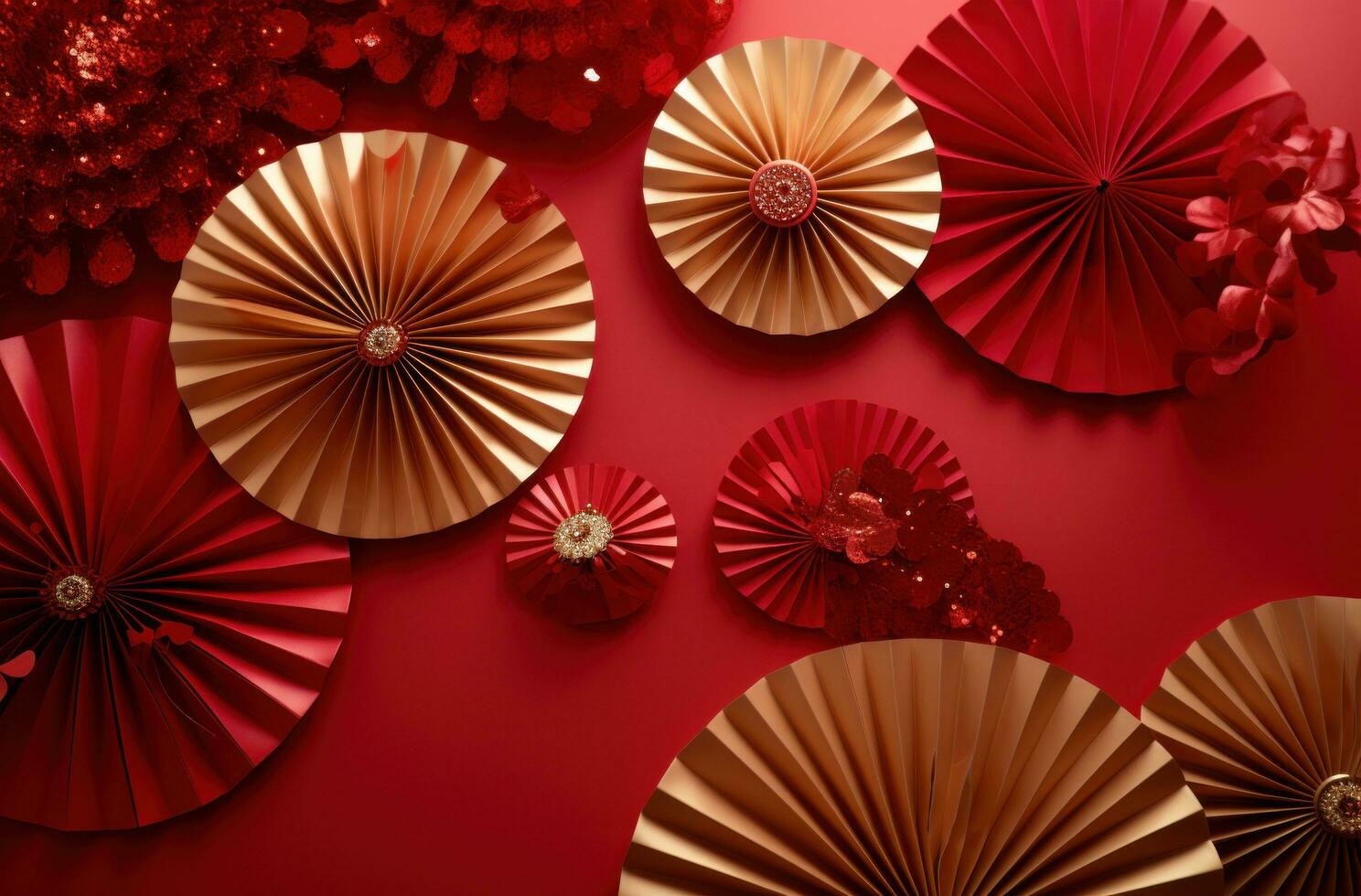 AI generated red and gold paper decorations placed against a red background photo