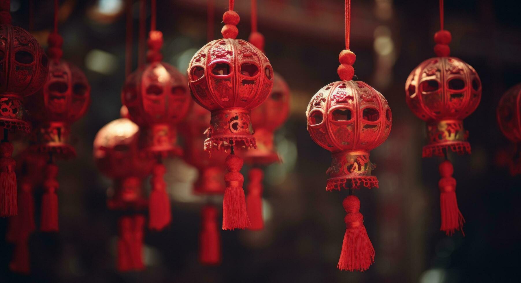 AI generated red lanterns hanging from a wooden tassel, photo