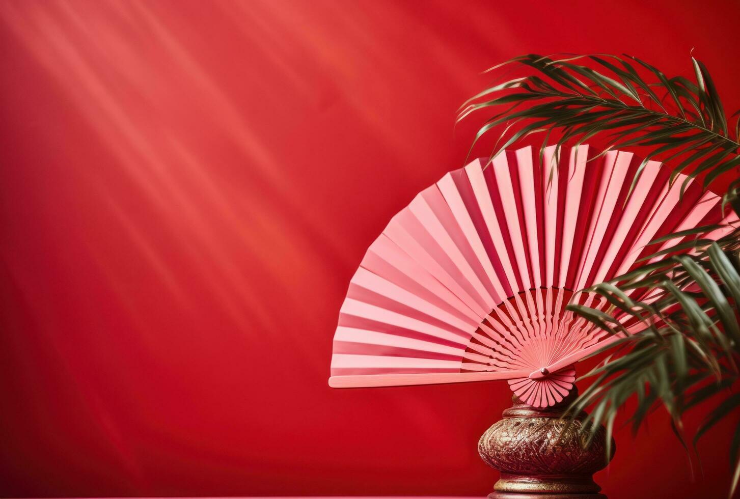 AI generated red fan with plants on the pink background photo