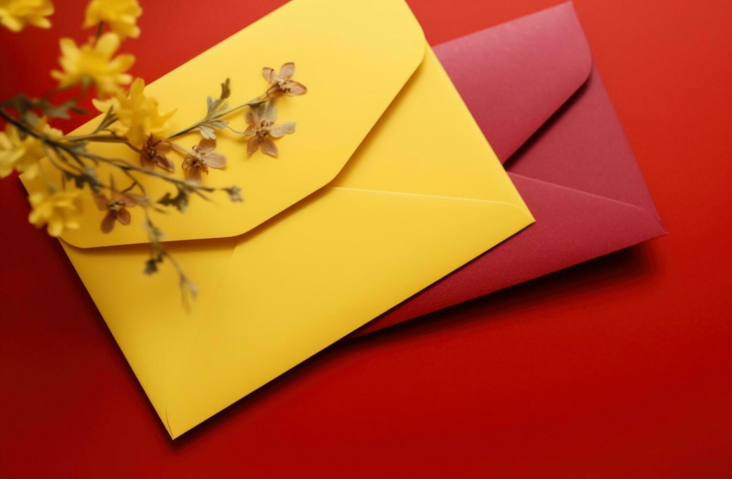 AI generated red envelopes on yellow background chinese new year photo