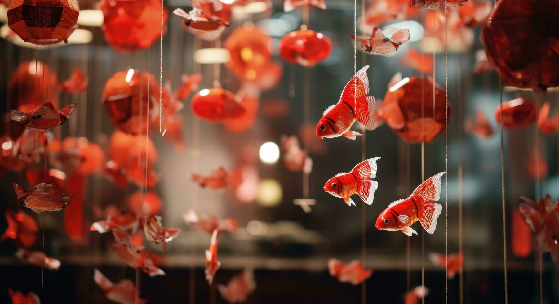 AI generated red holiday decorations in the shape of fish and butterflies. photo