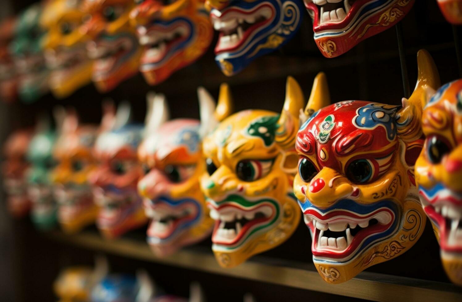 AI generated several chinese masks lined in lines in a store. photo