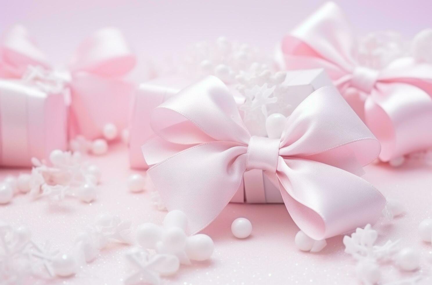 AI generated snowy white decoration and bows on pink background photo