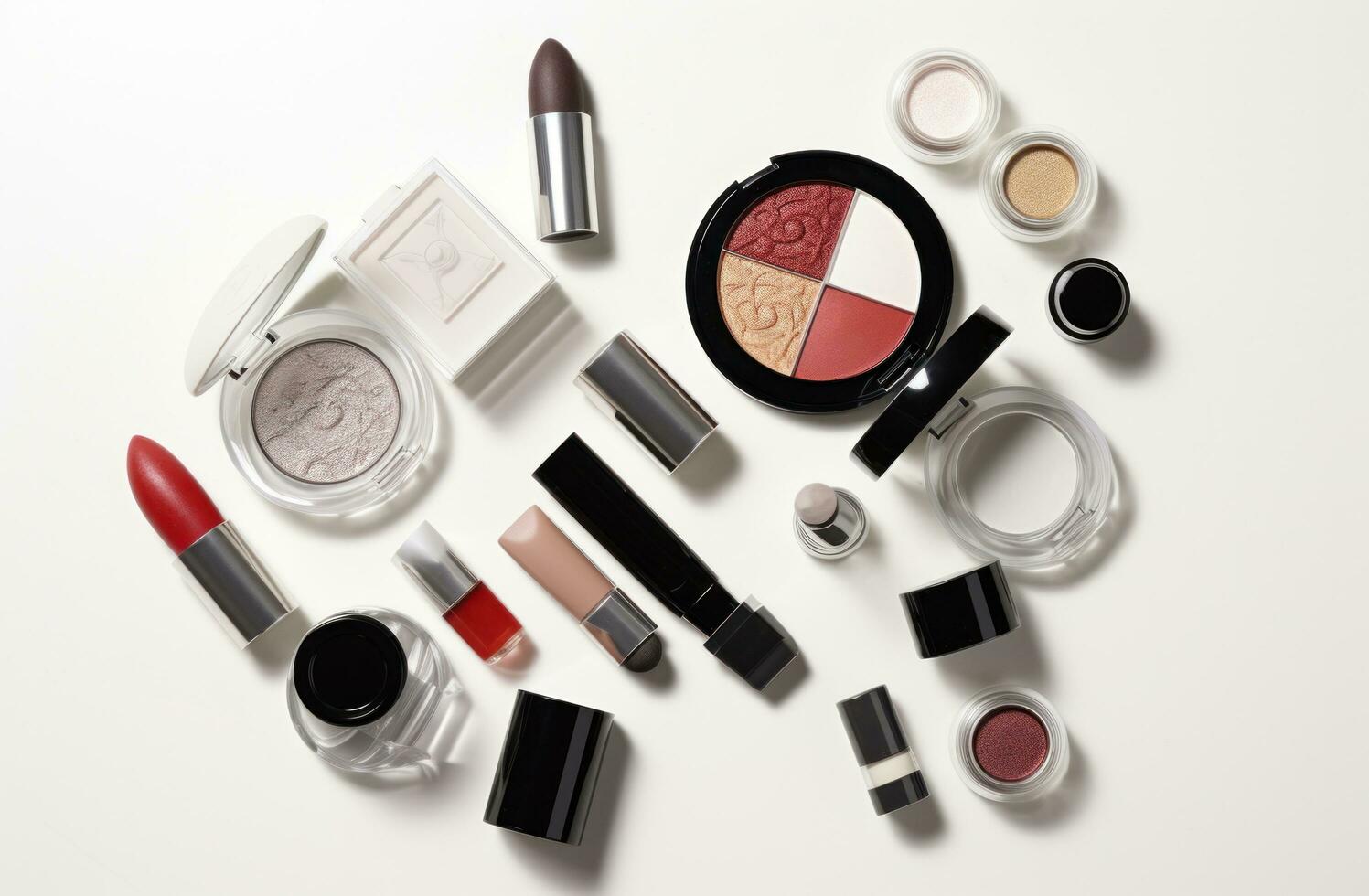 AI generated some makeup items arranged on top of each other on a white background, photo