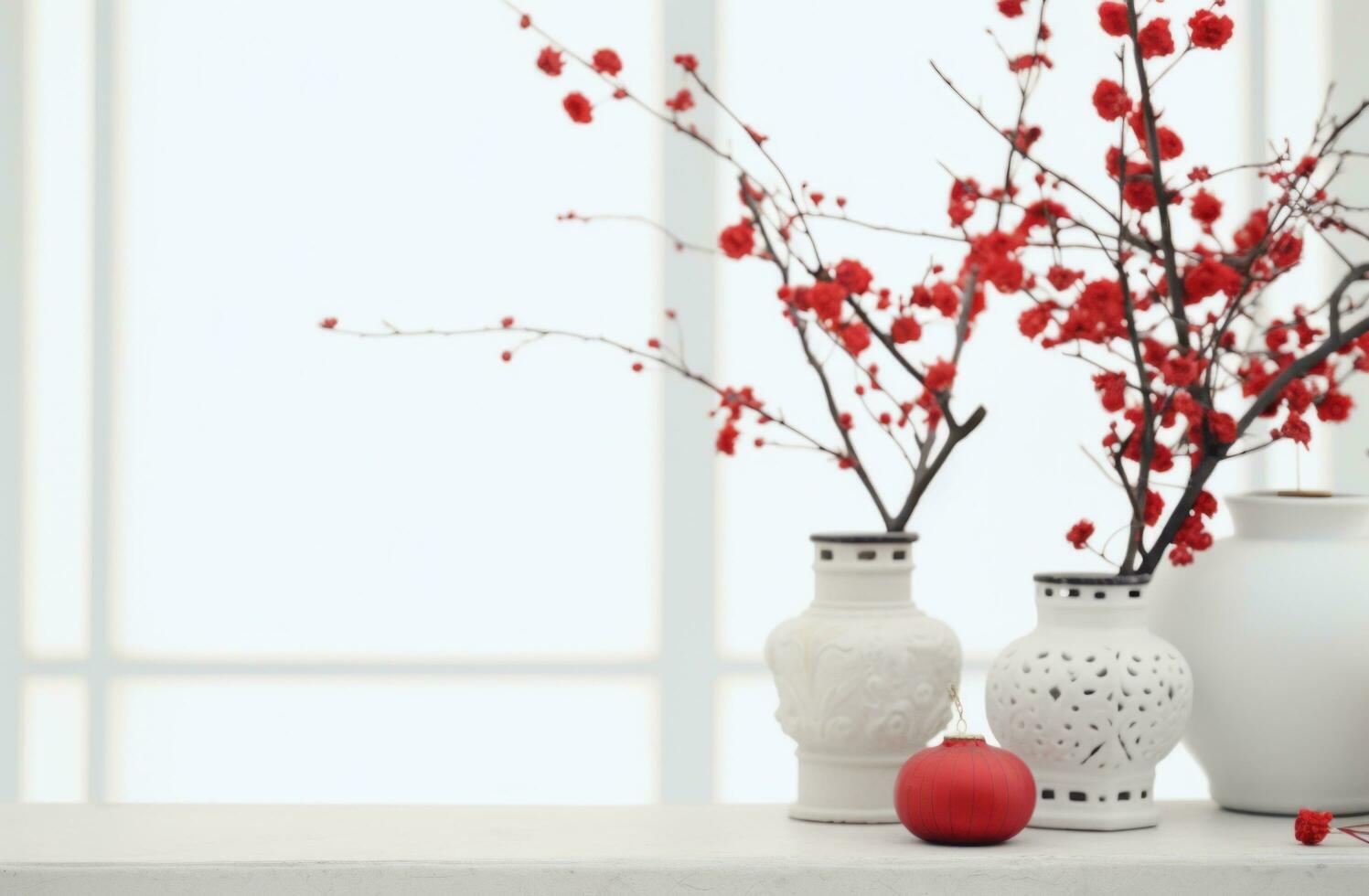 AI generated red lanterns and flowers against a white stone background photo