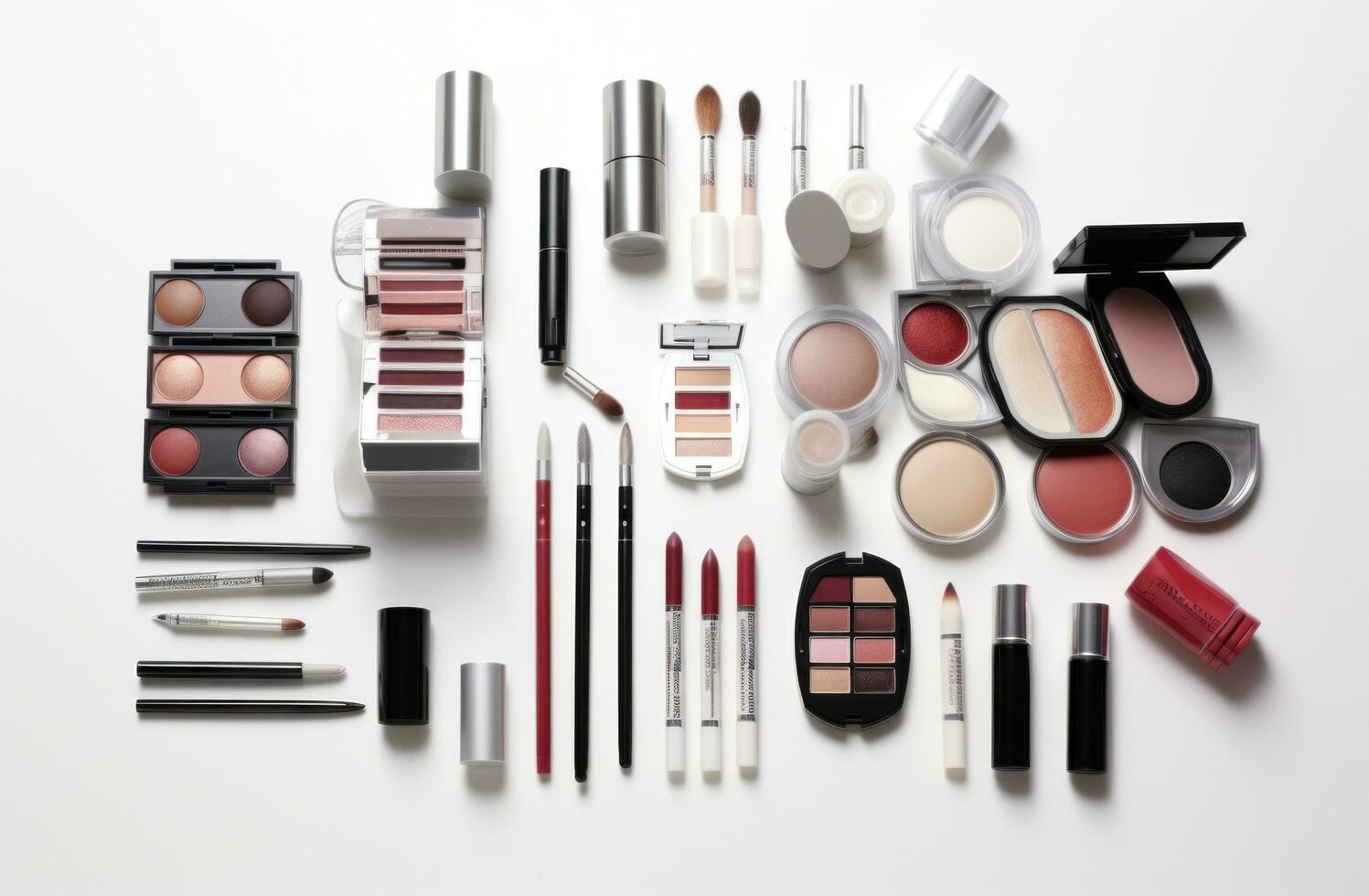 AI generated some makeup items arranged on top of each other on a white background, photo