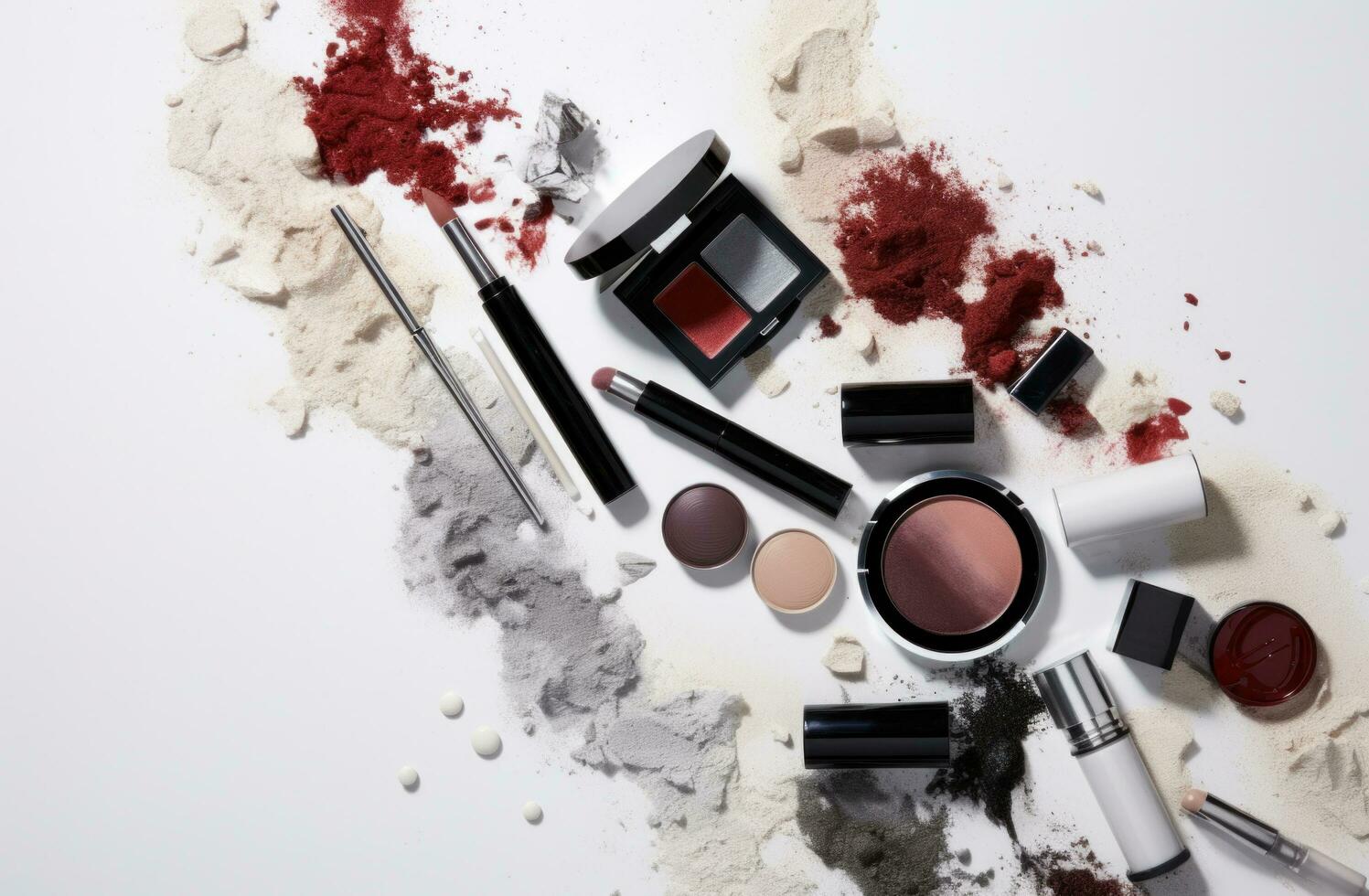 ai generado algunos maquillaje artículos arreglado en parte superior de cada otro en un blanco fondo, foto