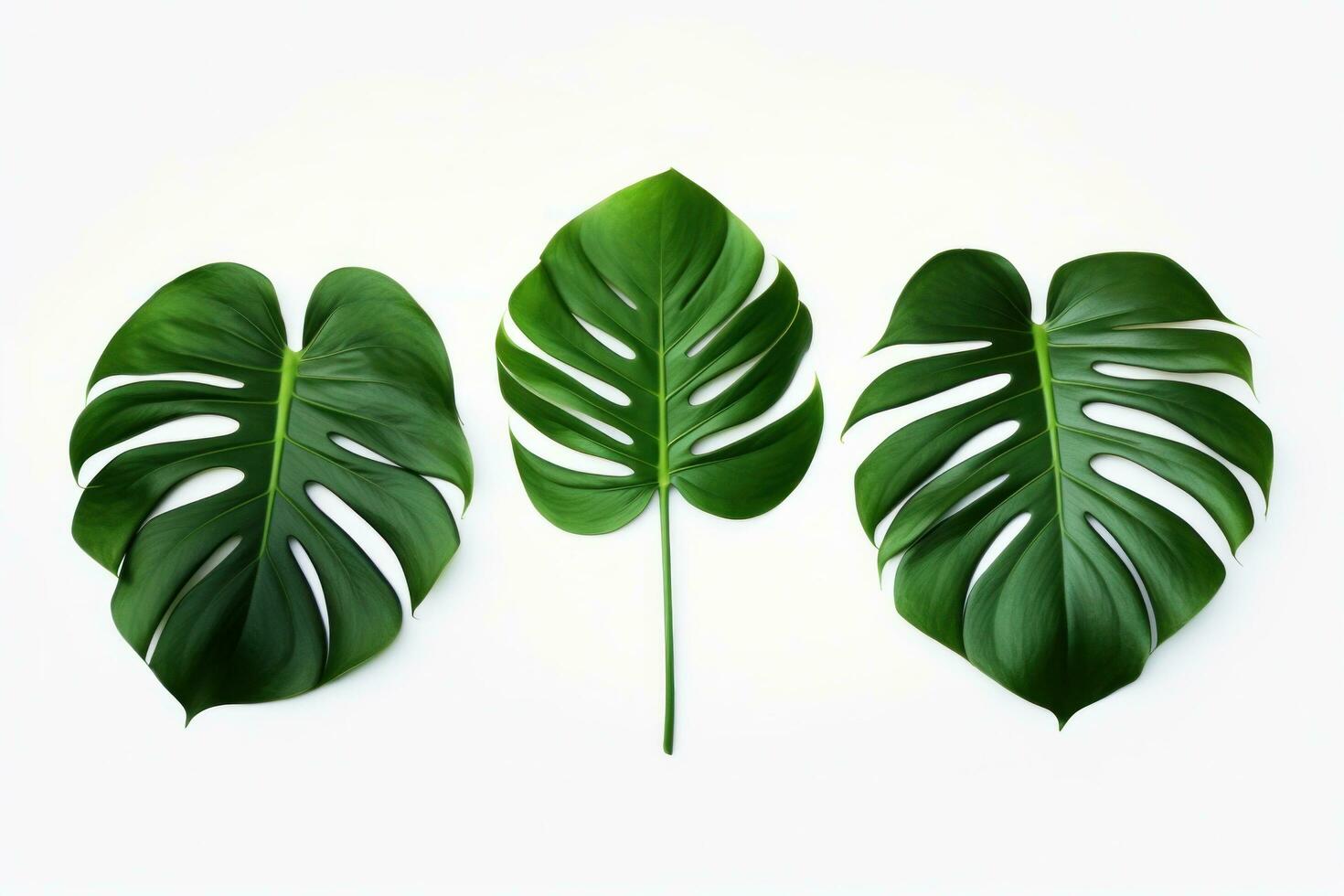 AI generated three monstera leaves on white background photo