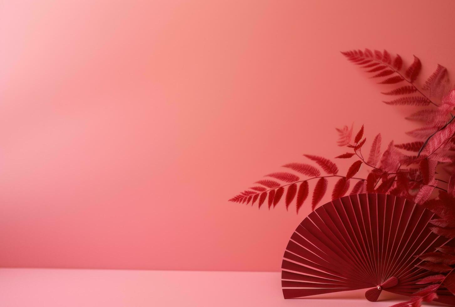 AI generated red fan with plants on the pink background photo