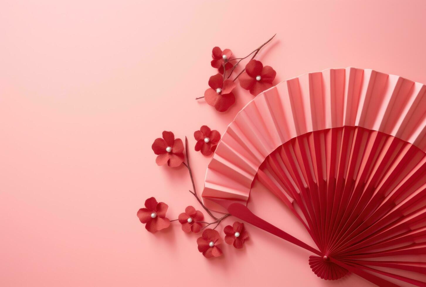 AI generated red paper fan with red leaves and buds and pink background photo