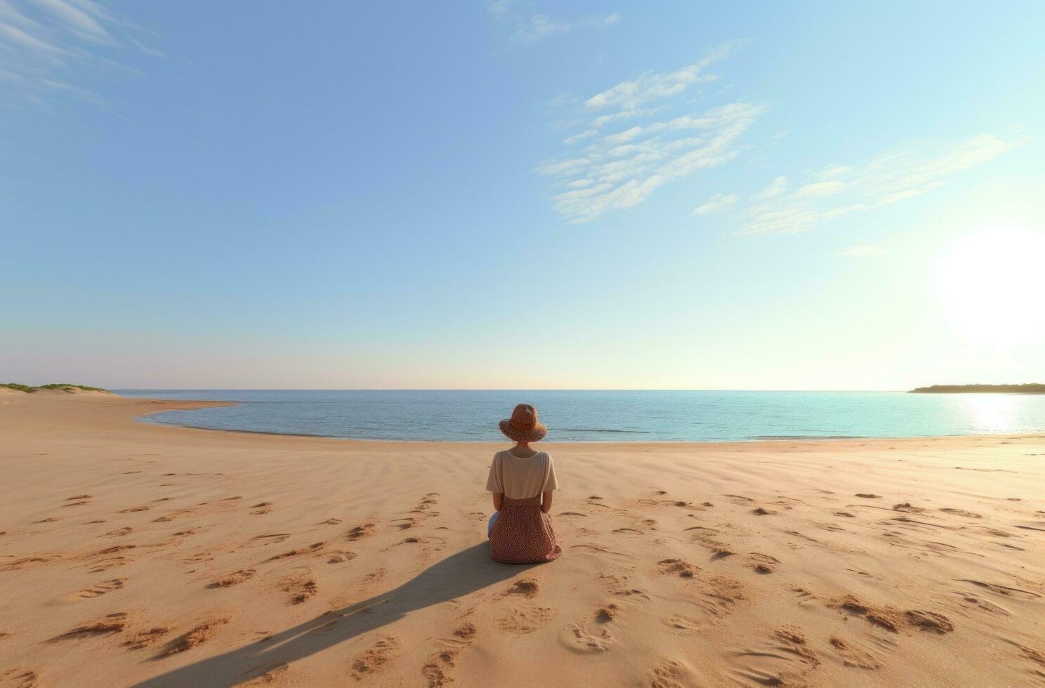 AI generated someone is sitting at the sand with her back to the sea, photo