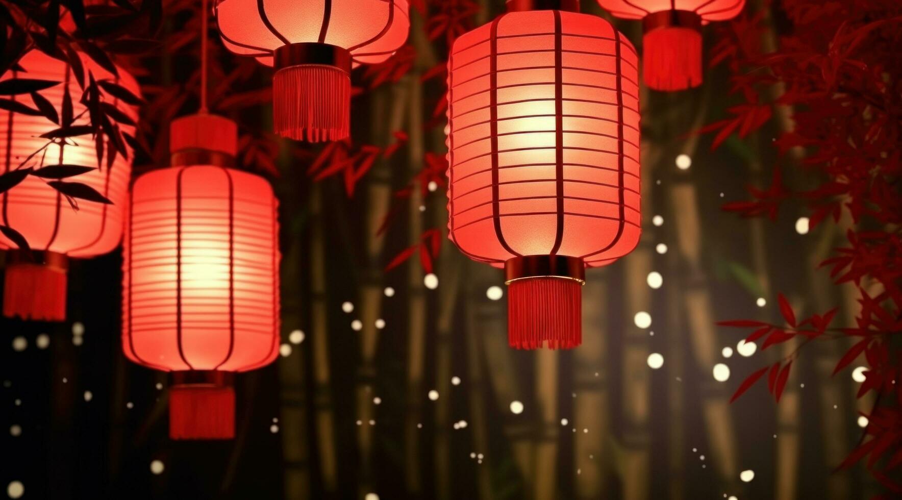 Ai Generated Red Lantern Background With Green Bamboo Leaves Red Ai Generated Red Lantern Background With Green Bamboo Leaves Red
